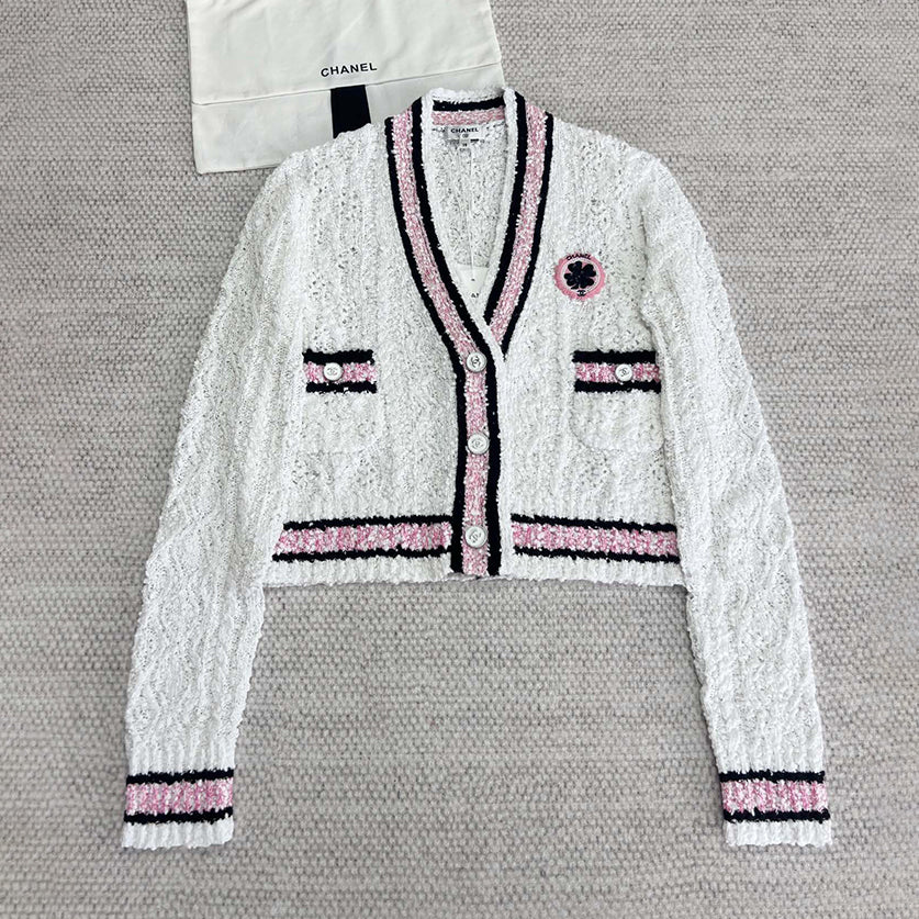 Women's Spring And Autumn Winter Badge Clover Stripe Single breasted V-neck Long sleeved Knitted Shirt Coat Cardigan #71628