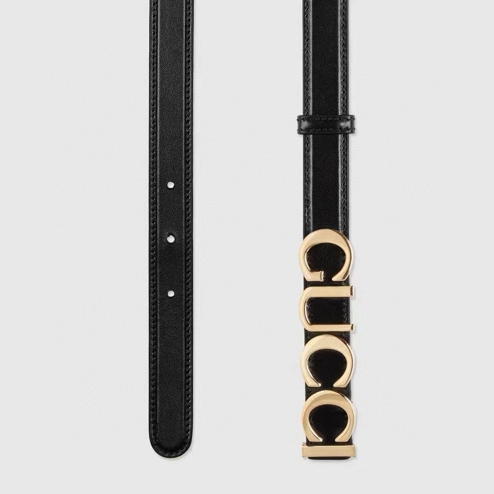 Women's Gold Logo Smooth Buckle Black Leather Thin Belt #98151