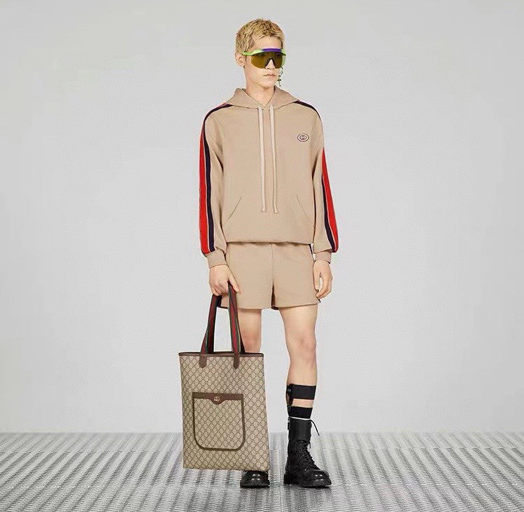 Men's Summer Striped Logo Print Hooded Sweatshirt Pullover Tie High Waisted Shorts Set Suit #98813