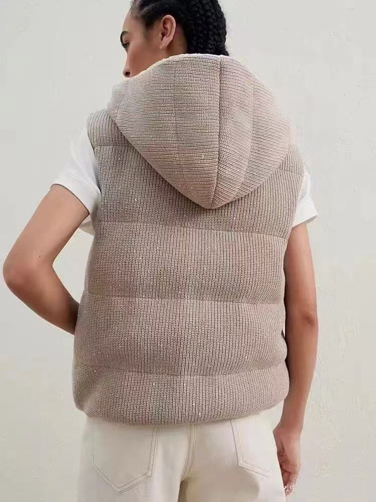 Women's Fall/winter Cotton British Ribbed Knit Down Vest Hooded Drawstring Sleeveless Jacket Ngvp #2417