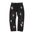 Men's and Women's Spring and Fall Pink Cross Calfskin Labeled Black Jeans Pants #97952