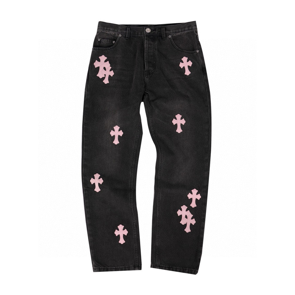 Men's and Women's Spring and Fall Pink Cross Calfskin Labeled Black Jeans Pants #97952