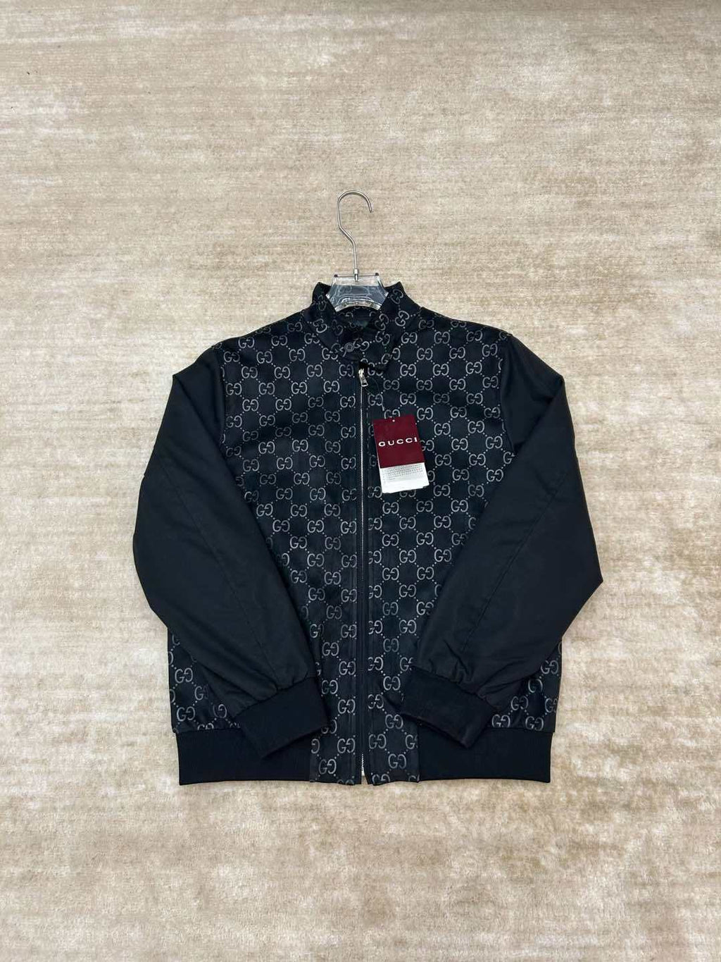 Men's GG Embossed Suede Pilot Jacket Black Fashionable Stand Collar Zipper Jacket #194012