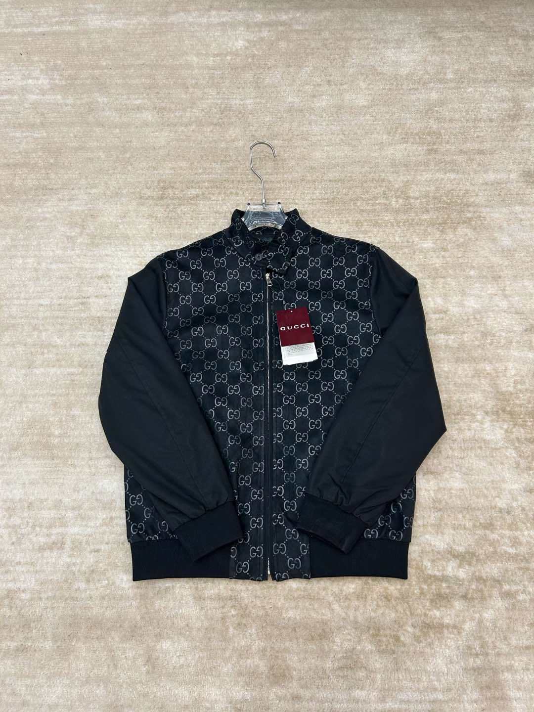 Men's GG Embossed Suede Pilot Jacket Black Fashionable Stand Collar Zipper Jacket #194012