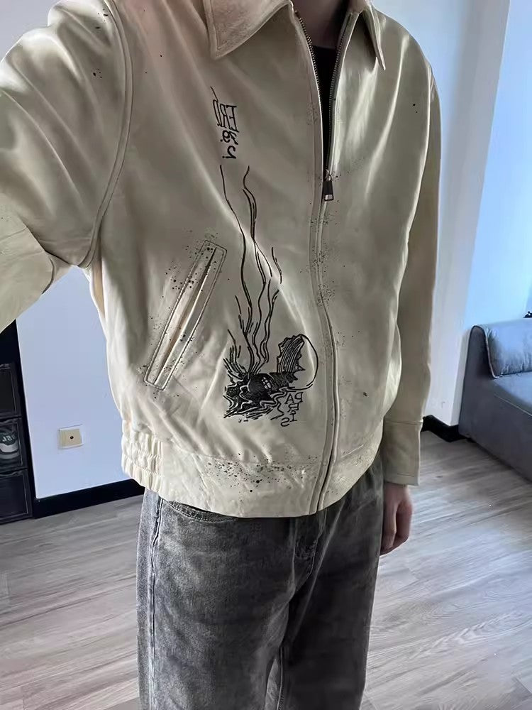 Enfants Riches Deprimes Men's Spring And Autumn Solid Color Sheepskin Loose Short Doing Old Embroidery Arcane 17 Zipper Leather Jacket Ngvp #9167