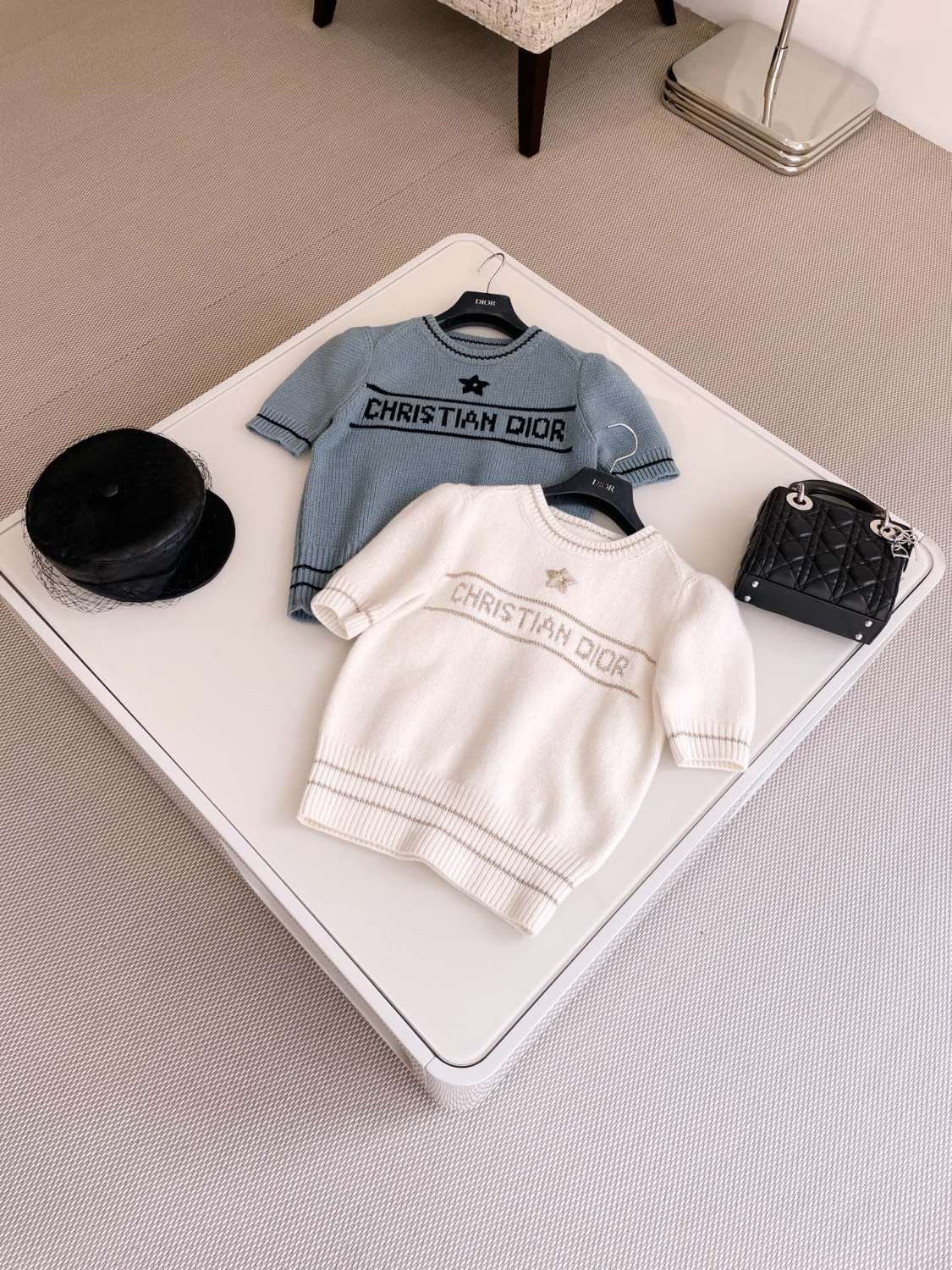 Women's Summer White Logo Round Neck Cashmere Knit Short Sleeve T-Shirt #74553