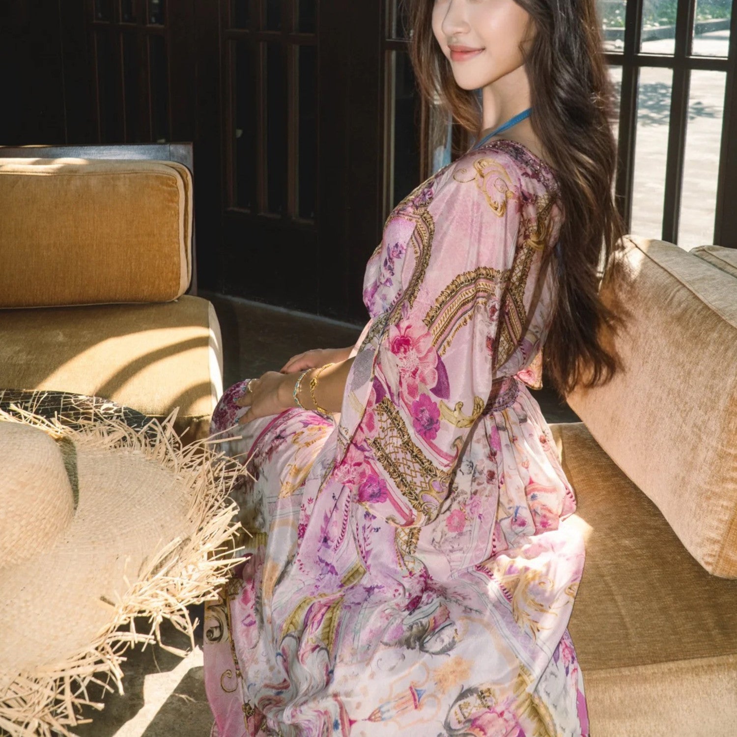 Camilla Women's Summer Fashion Pink Flower Silk Print Bohemian Diamond Slim V-neck Long Sleeve Dresses Ngvp #8783