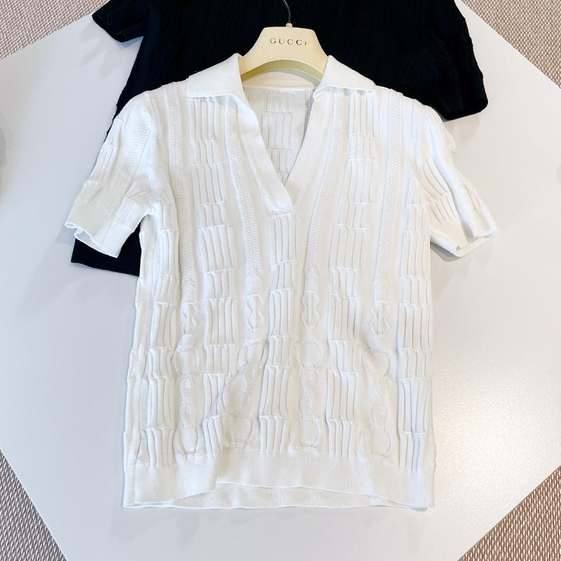 Women's Knitted V-neck Spring. Autumn And Winter Silk Cotton Blend Short Sleeve Pullover Top Solid Color Sweater Ngvp #1394