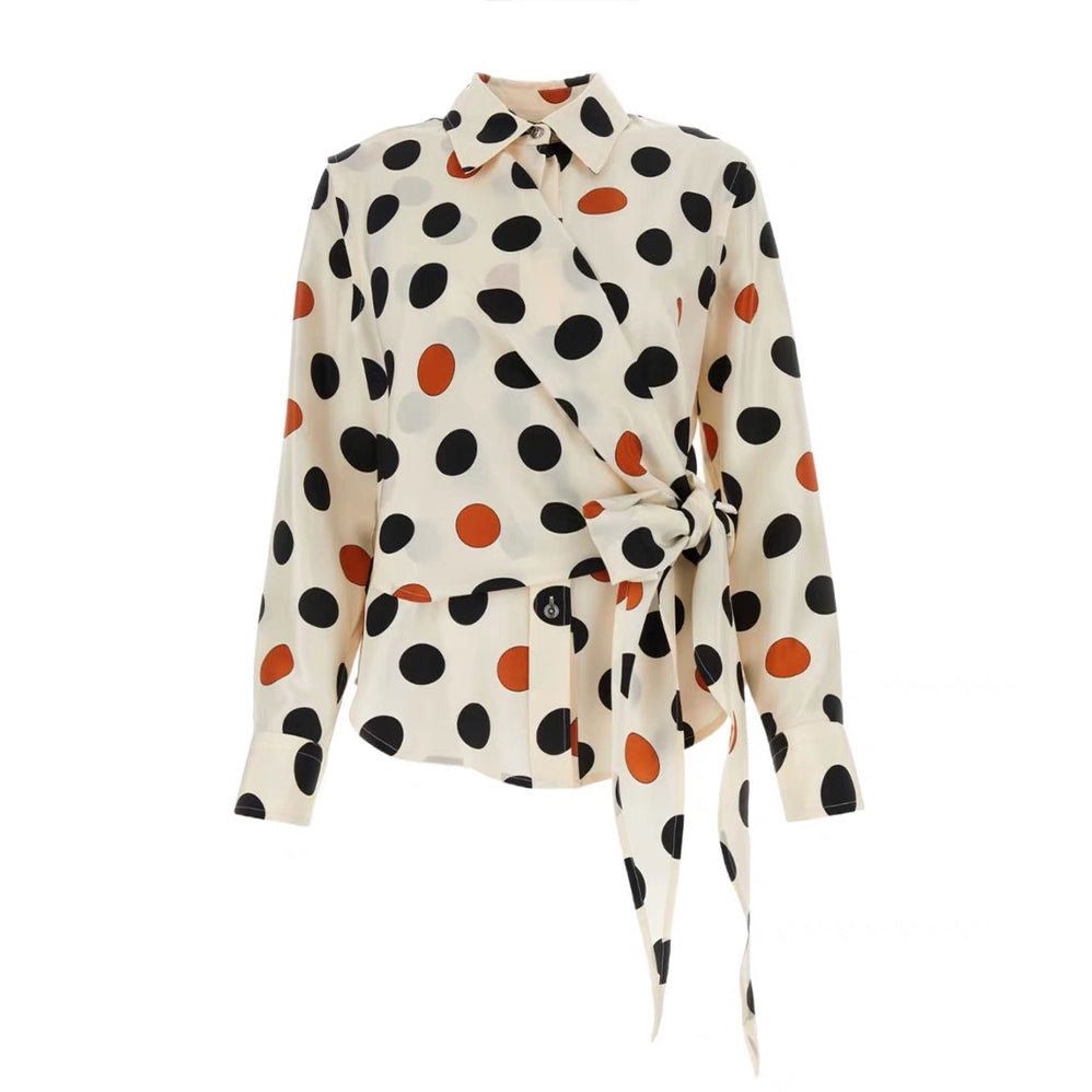 Women's Summer Polka Dot Printed Ribbon Lapel Long Sleeve Silk Shirt Ngvp #9945