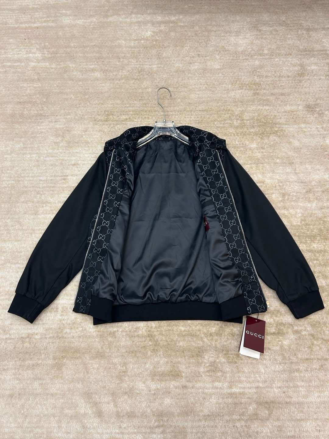 Men's GG Embossed Suede Pilot Jacket Black Fashionable Stand Collar Zipper Jacket #194012