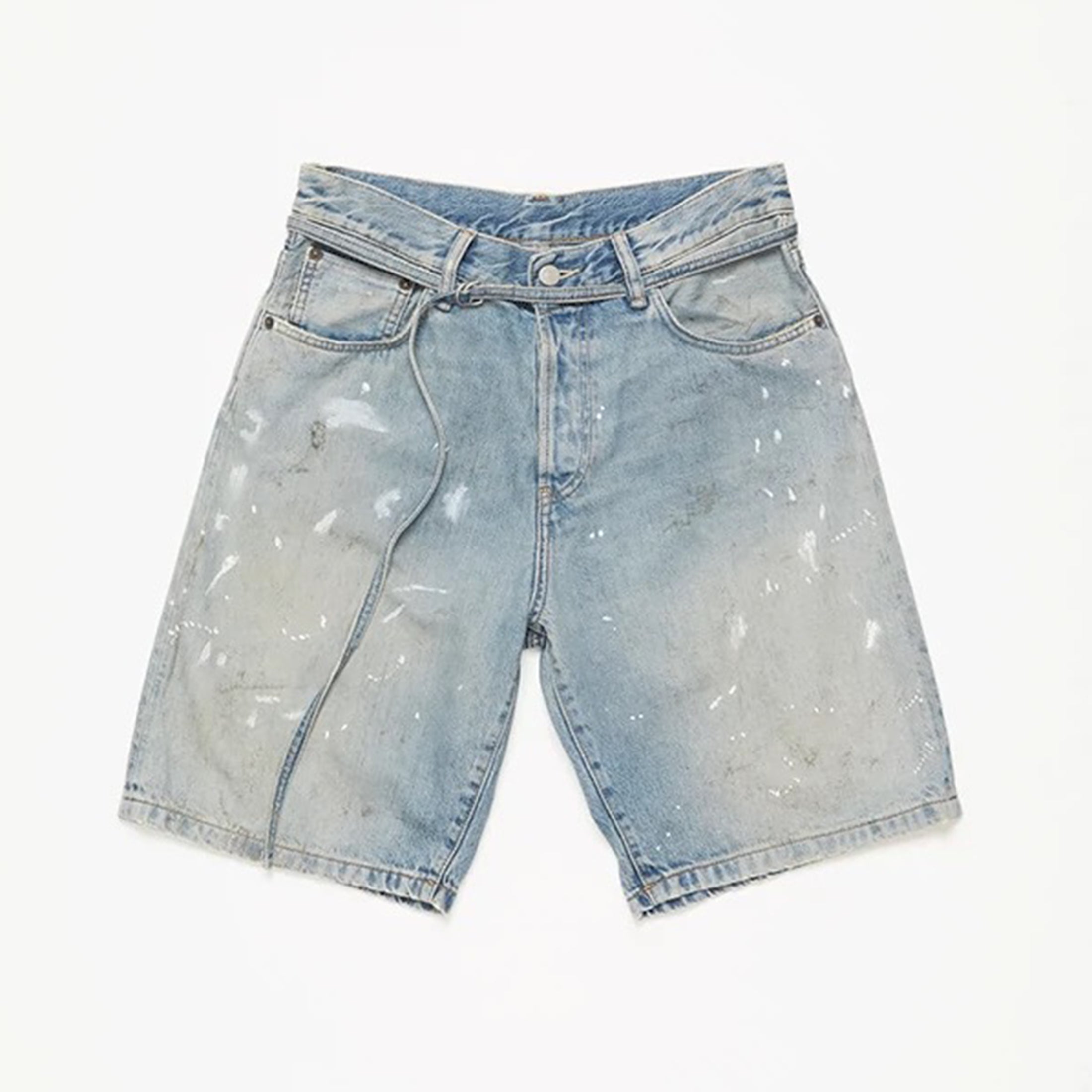 Men's And Women's Spring/summer Cotton Washed Splashed Ink Denim Shorts With Zipper Loose Wide Leg Jeans Pants Ngvp #8523