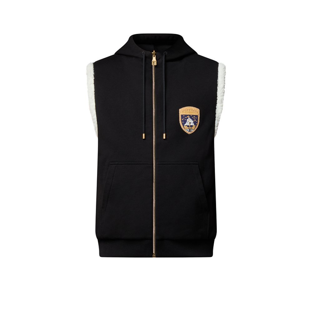 1VMen's Reversible Shearling Hooded Vest With Embroidered Badge Sleeveless Fashion Jacket For Fall/winter #9327Z