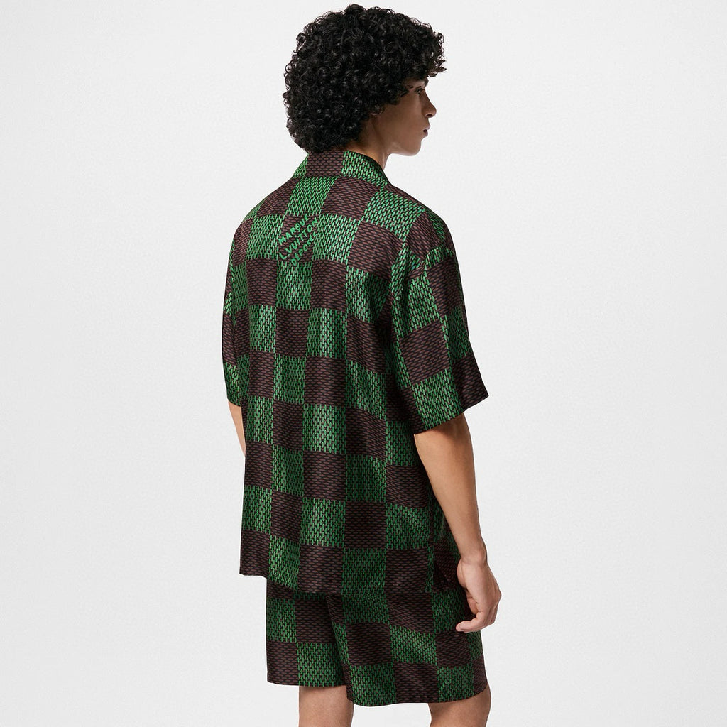 Men's Summer Green Checkerboard Logo Pattern Single Breasted Loose Short Sleeved Shirt High Waisted Elastic Leisure Shorts Pants Sei Suit #98616