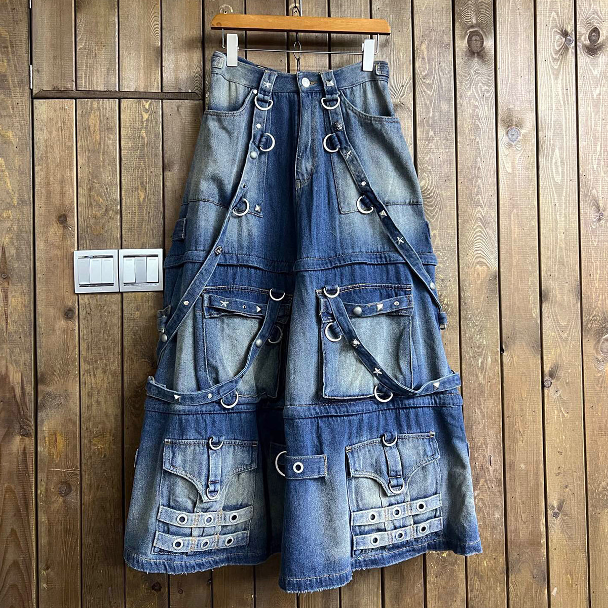 Men's Skirt Vintage Rivets Straps Detachable Denim Skirt High Street Ragged Trend Punk Style Jeans Pants #71841