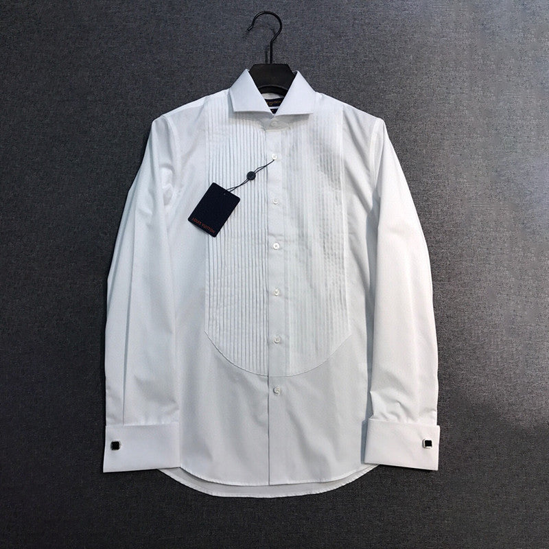 Men's All Seasons Solid Color Flip Leader Button Pleated Shirt Formal Long Sleeve Shirt Black White Ngvp #7614
