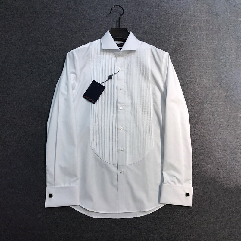 Men's All Seasons Solid Color Flip Leader Button Pleated Shirt Formal Long Sleeve Shirt Black White Ngvp #7614
