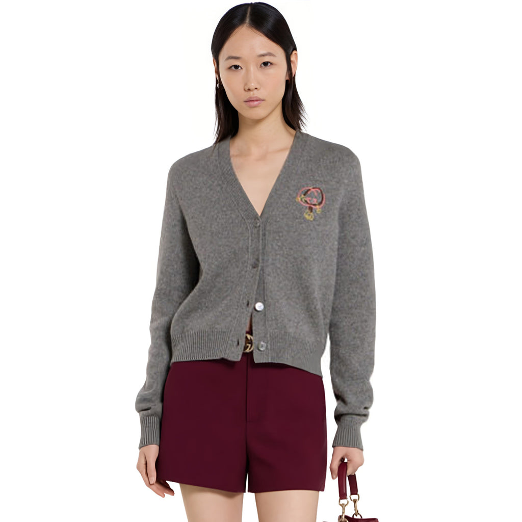 Women's Fall/Winter Chinese New Year Collection Embroidered Blend Cardigan V-Neck Single-Breasted Button-Down Gray Cardigan #194102