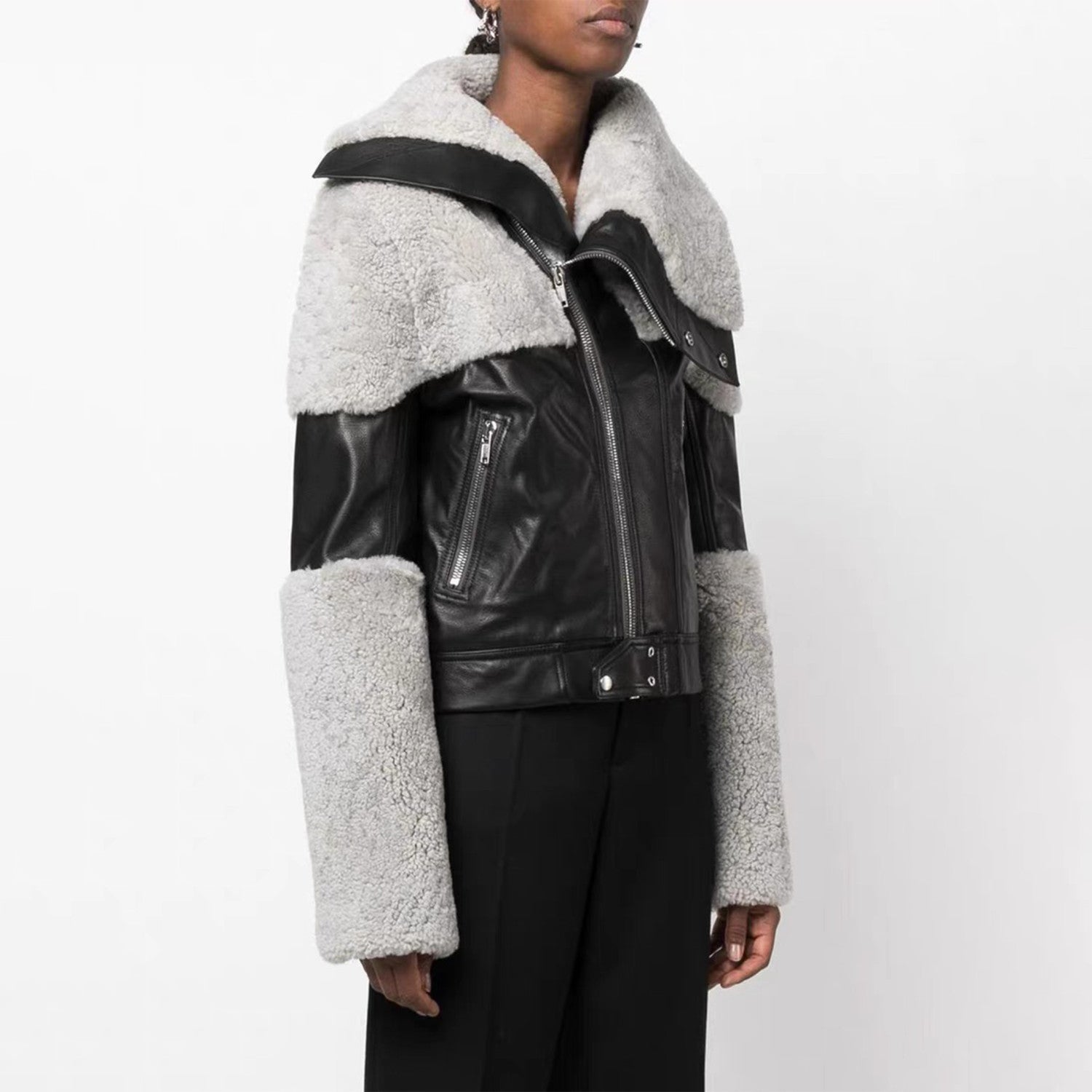 Men's And Women's Patchwork Collar Leather Jacket Fashion High Street Cool Lapel Short Jacket Ngvp #6628