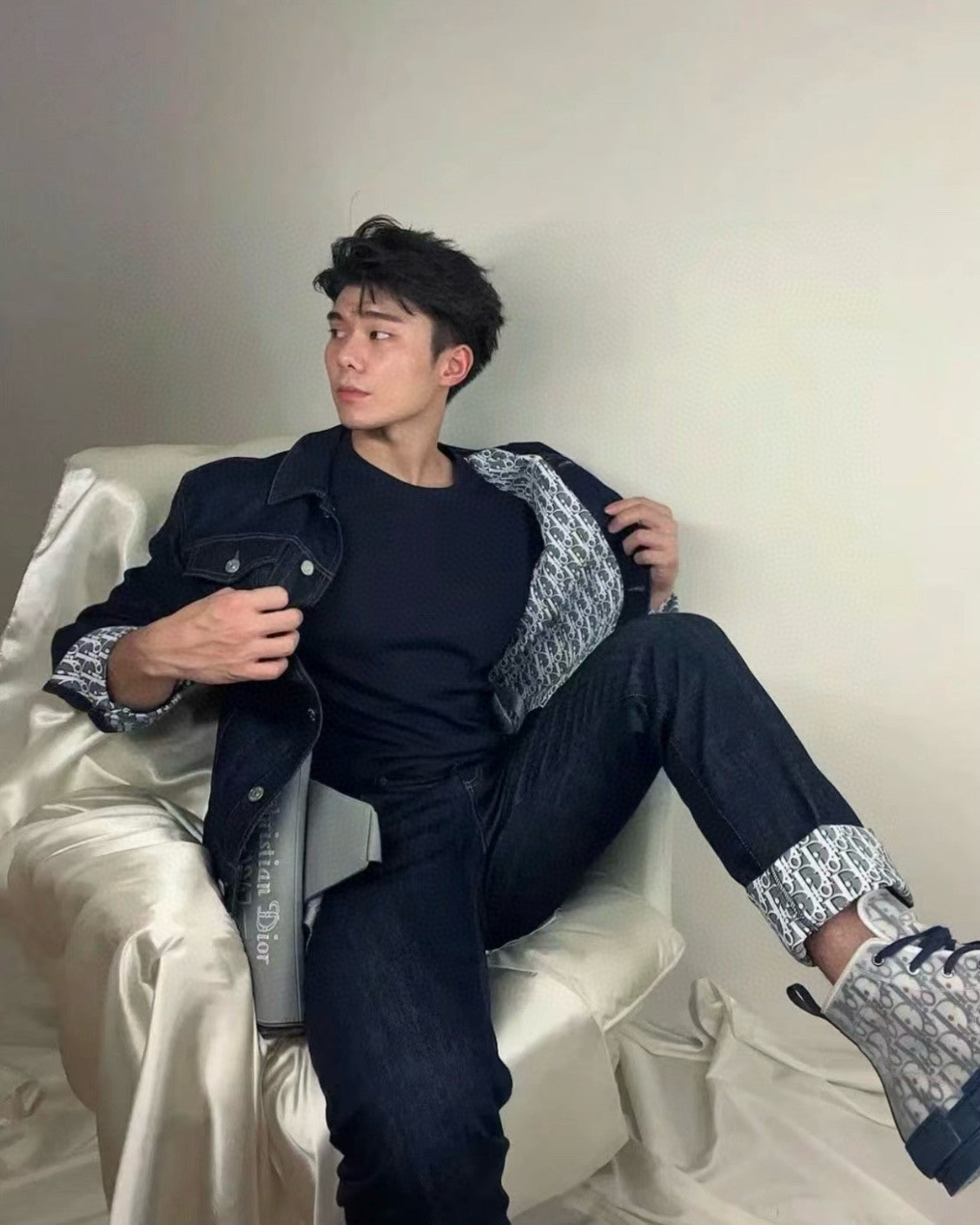 Men's Spring and Autumn Printed Blend Long Sleeve Denim Shirt Jacket Slim Cropped Mid-Rise Jeans Pants Suit Set #97916