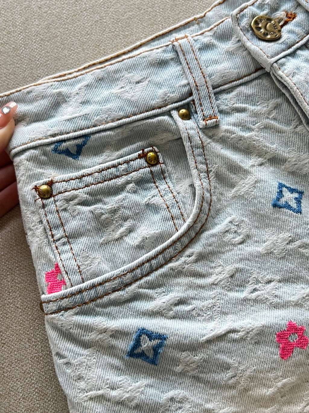 Women's Summer Embroidered Letter Print Solid Color Denim Shorts #75664