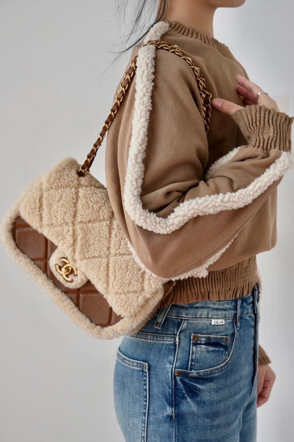 Women's Autumn and Winter Solid Color Lamb's Wool Patch Cotton Twill Round Neck Long Sleeve Pullover Sweatshirt #73963