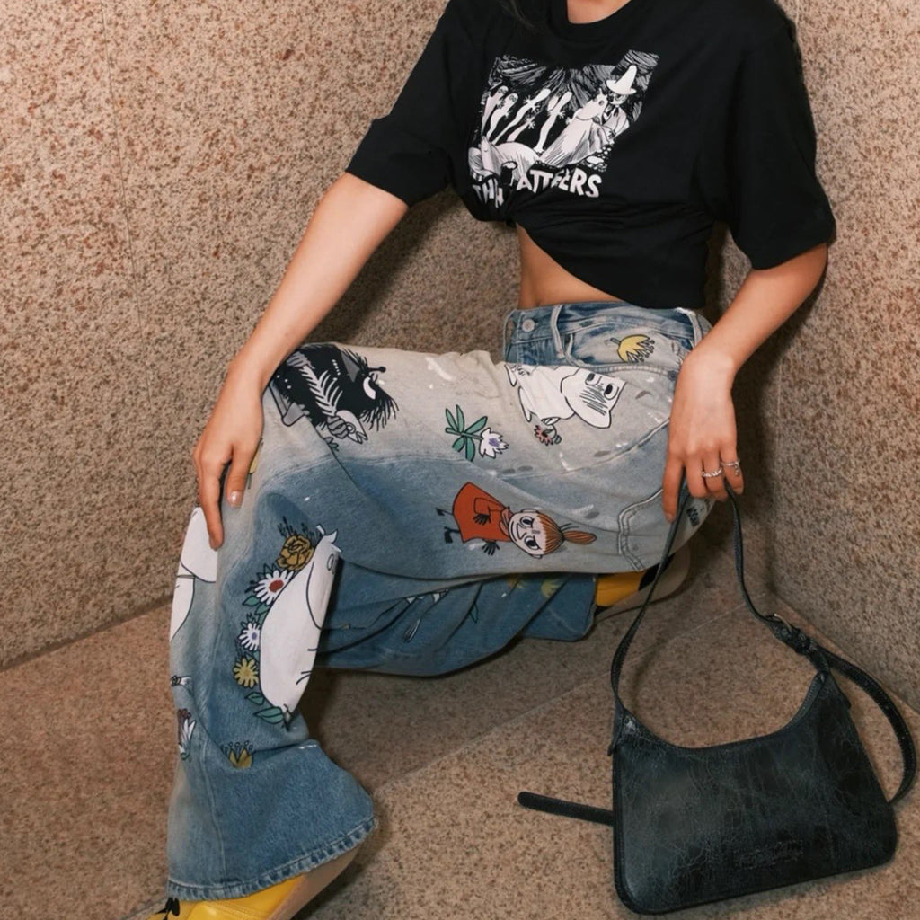 X Moomin Women's Spring/summer Straight Leg Casual Anime Print Fashionable High Street Wide Leg Loose Fit Denim Pants Ngvp #2176