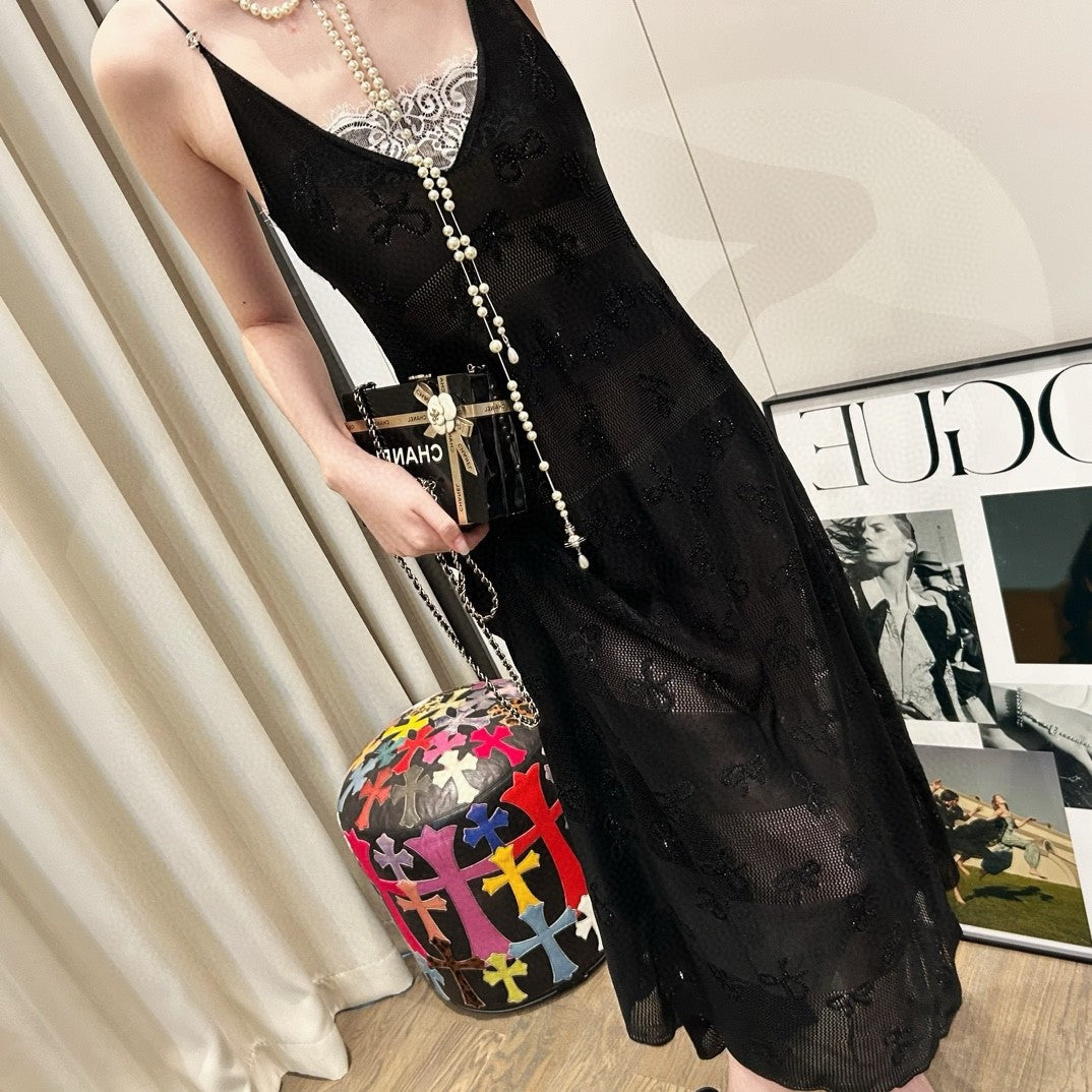 Women's Summer High Street Solid Color Lace Bow Jacquard Embroidery Sexy V-Neck Semi-Sheer Long Fitted Halter Dresses Ngvp #8744