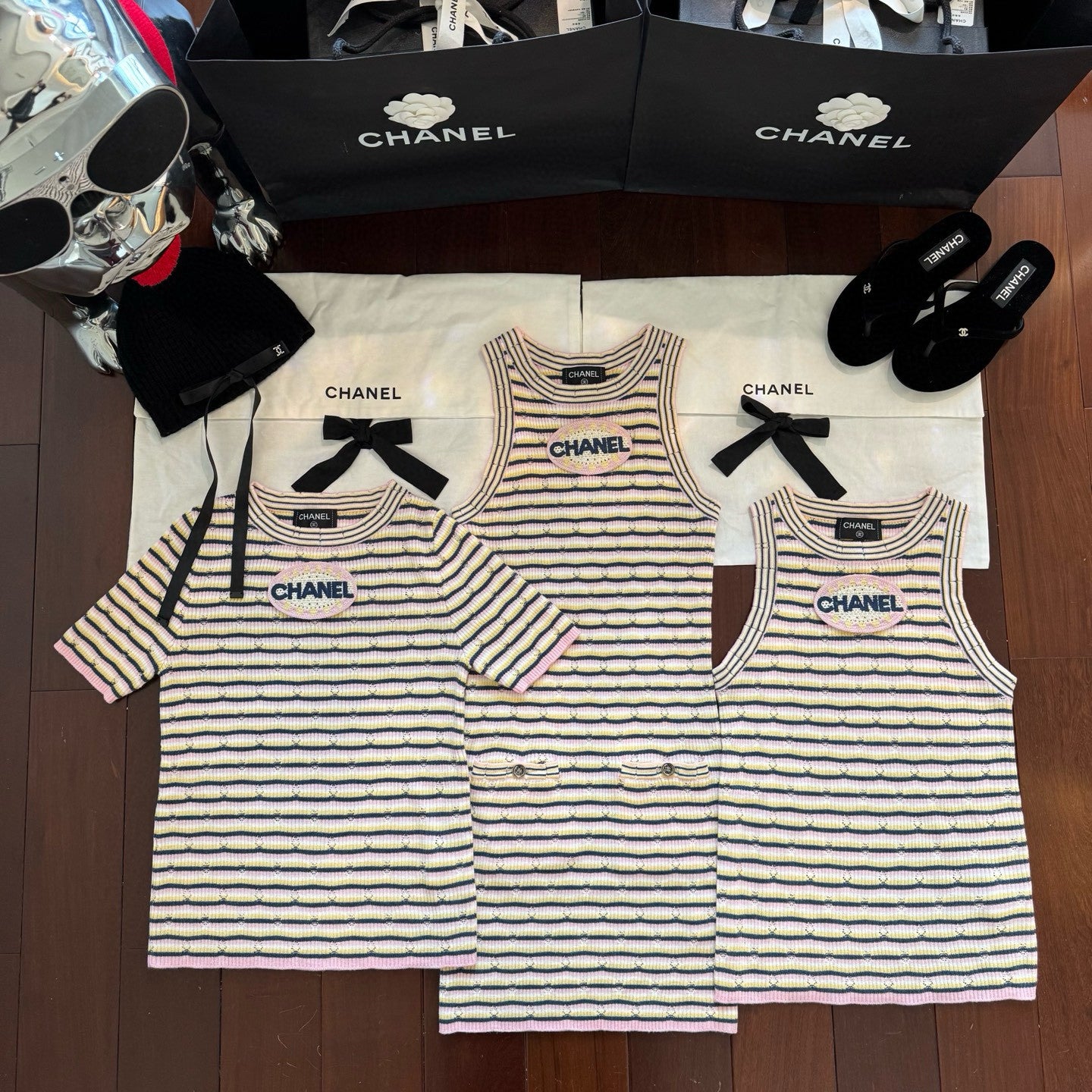 Women's Summer Striped Floor Length Letter Knit Sleeveless Undershirt Short Sleeve T-shirt Sleeveless Dress Three-piece Set Suit #75334