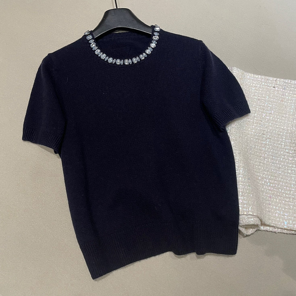 Women's 2026 New Collection Crystal Embellished Crew Neck Cashmere Knitted Short-Sleeve T-shirt