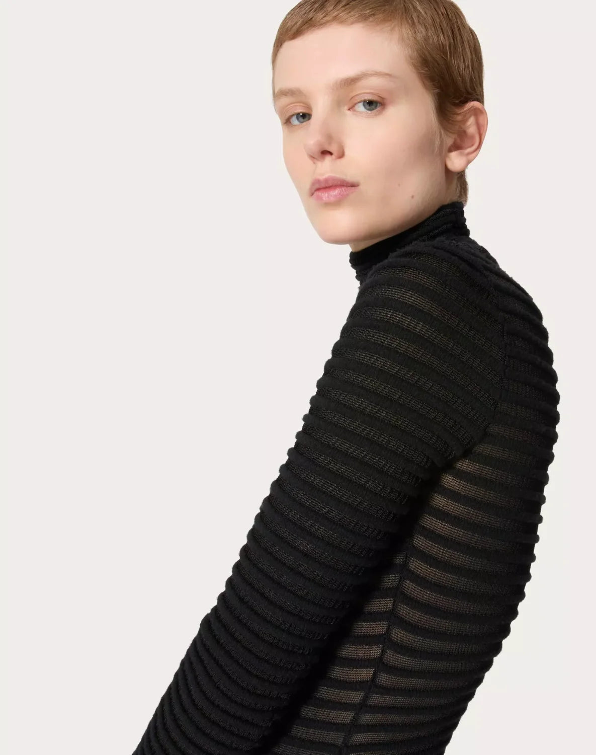 Women's Black Striped High Neck Zipper Viscose And Wool Spring Autumn Winter Slim Long Sleeve Sweater Ngvp #9726