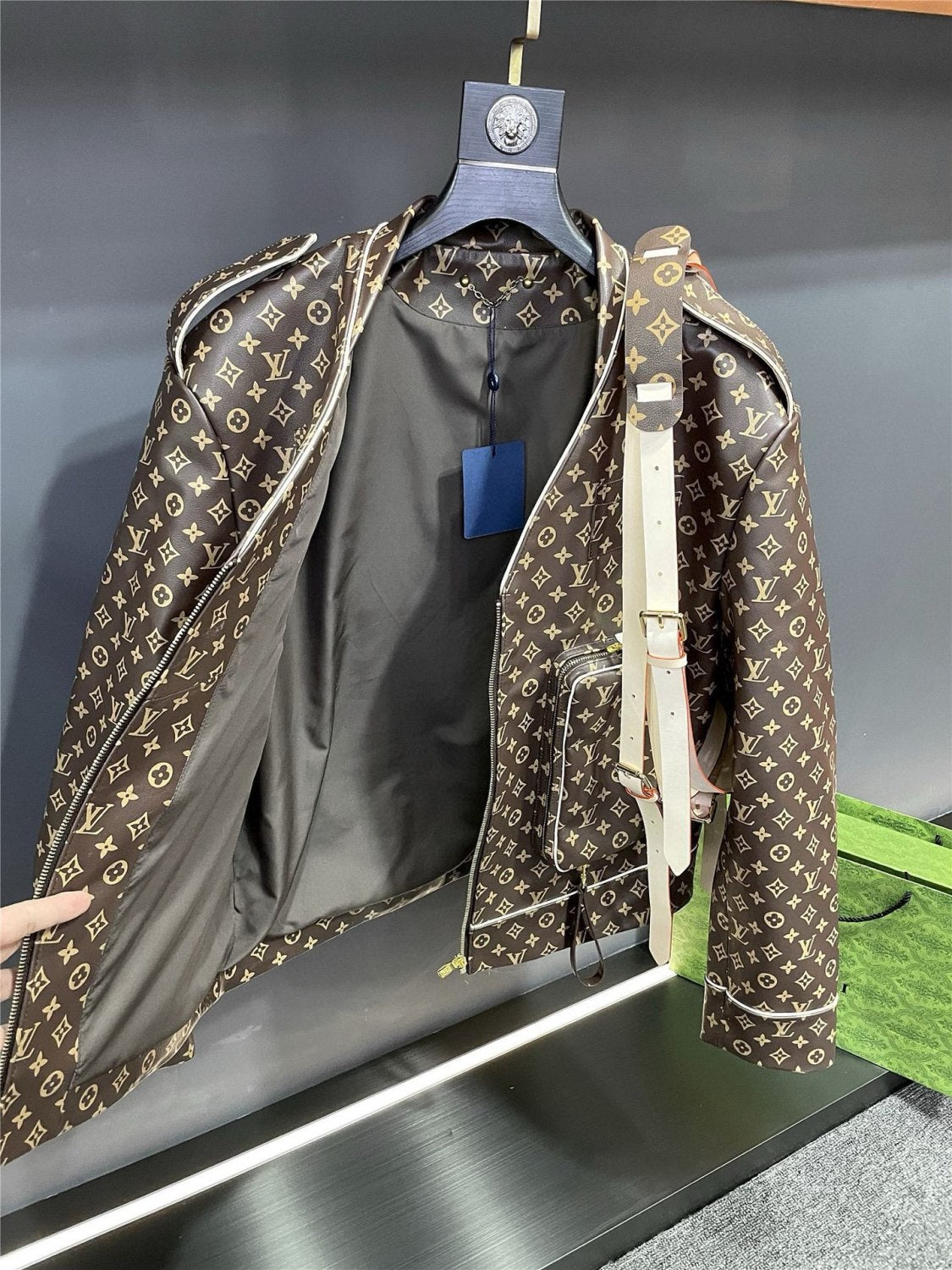 2025 FallWinter Men's Classic Monogram Tactical Leather Jacket with Three Detachable Straps #83127A