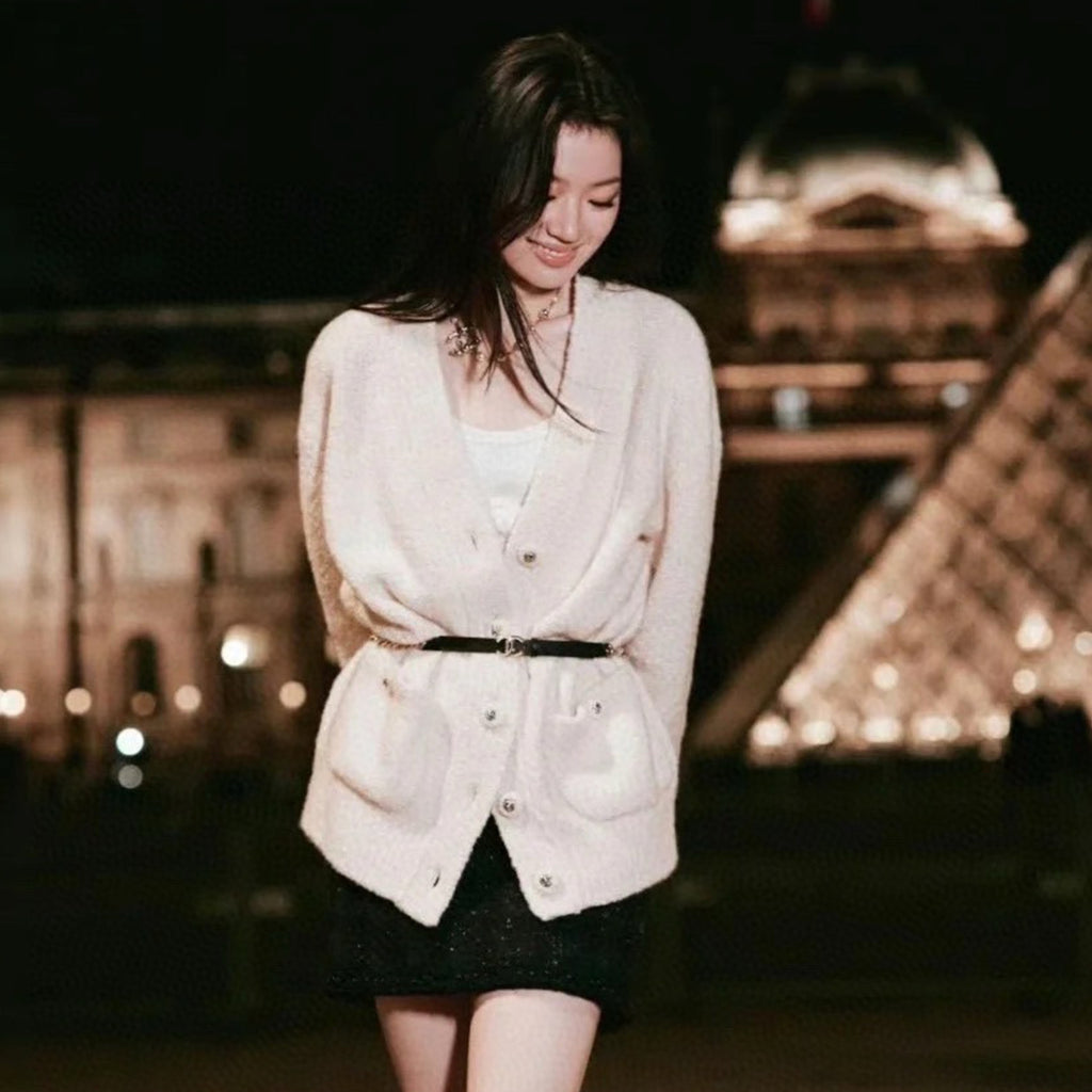 Women's Fall And Winter White Wool Single-breasted Knit Cardigan Fashionable And Elegant Straight Pants Suit Set Ngvp #1988