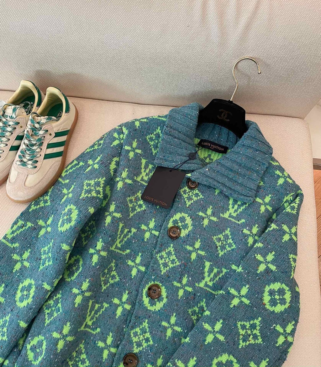 Men's Fall/Winter Green Monogrammed Pattern Knit Single Breasted Sweater Jacket #72785