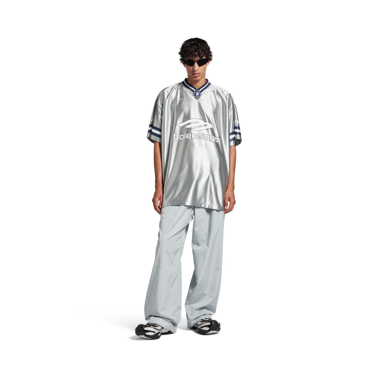 26 Spring 3B FOOTBALL Oversized V-Neck T-Shirt Silver and Bright Blue Fashionable High-Street Trend T-Shirt #82348A