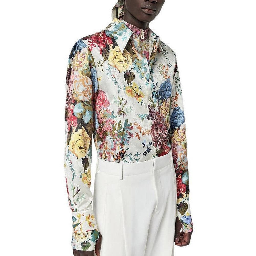 Men's Summer White Floral Print Single Breasted Silk Long Sleeve Shirt #97791