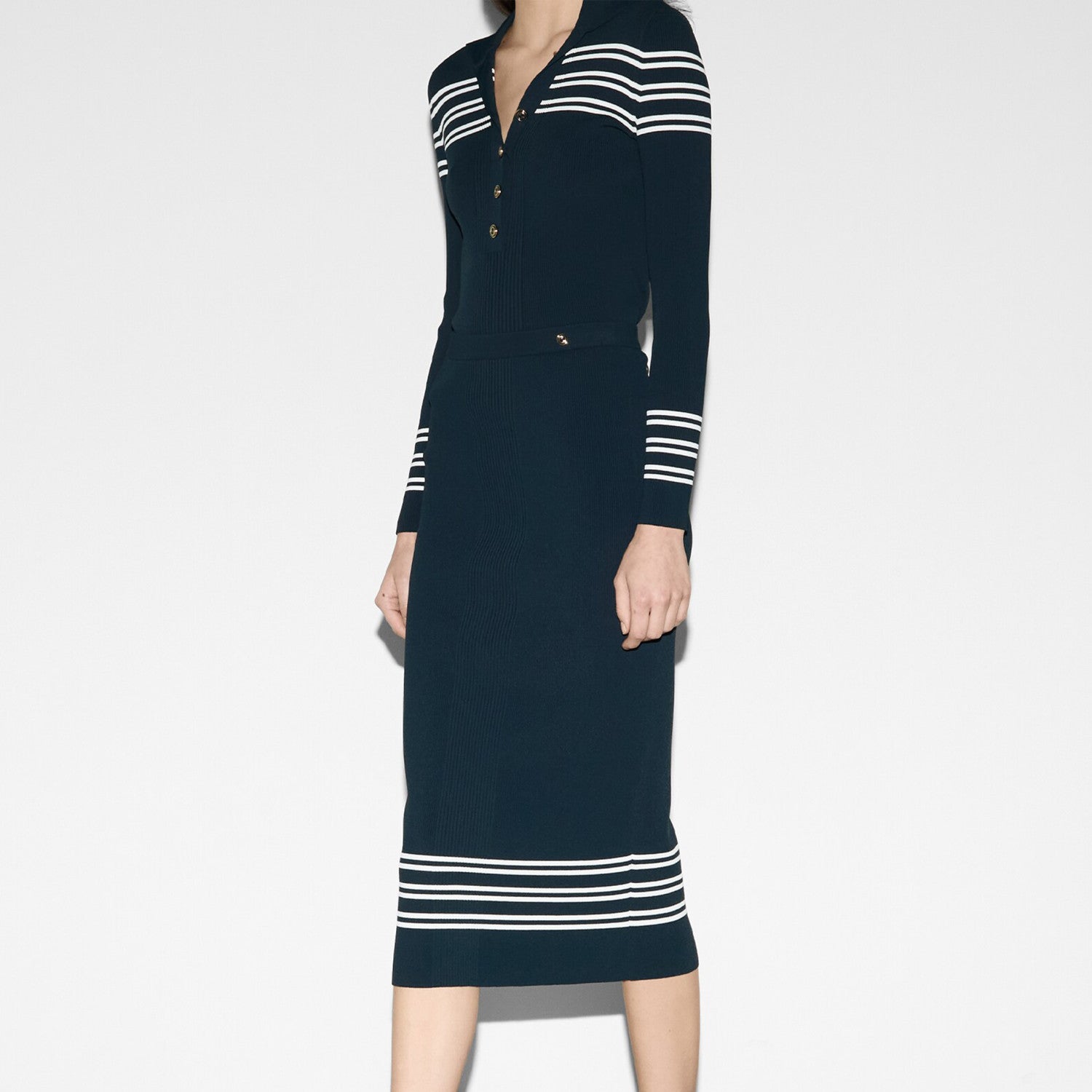 Women's Spring And Autumn Gg Jacquard Blue Striped Button Pullover Sweater Knitted Slim Half-body Skirt Temperament Suit Set Ngvp #9159