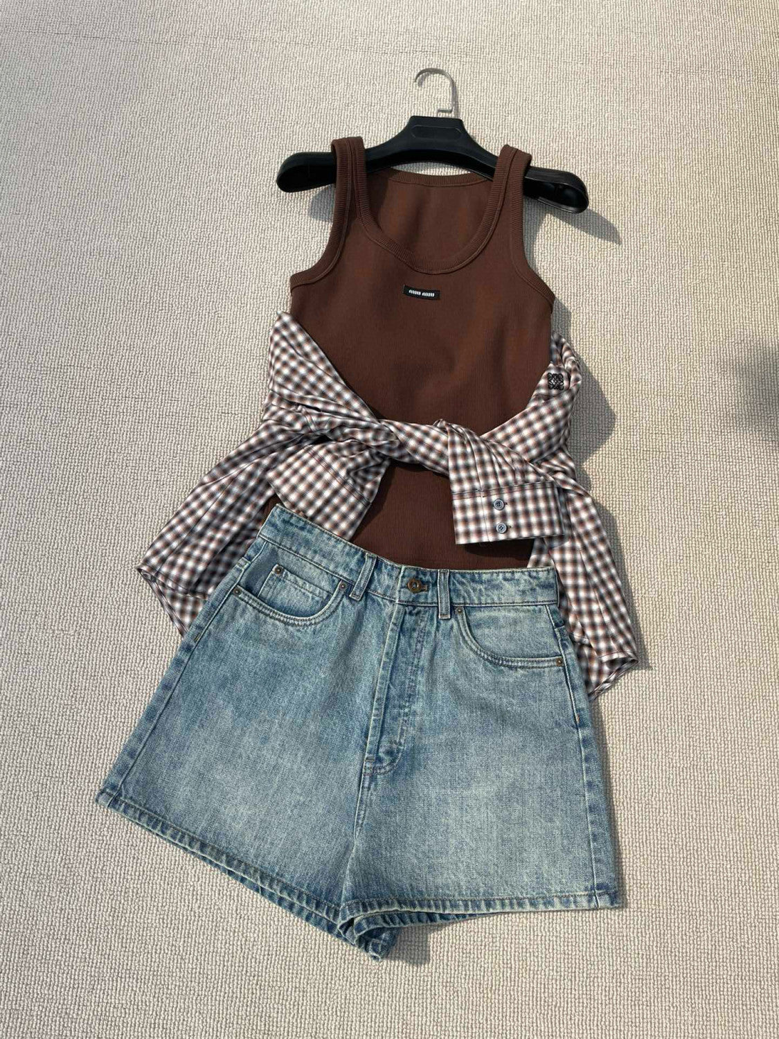 Women's Summer Solid Color Letter Leather Label Denim Shorts #77764