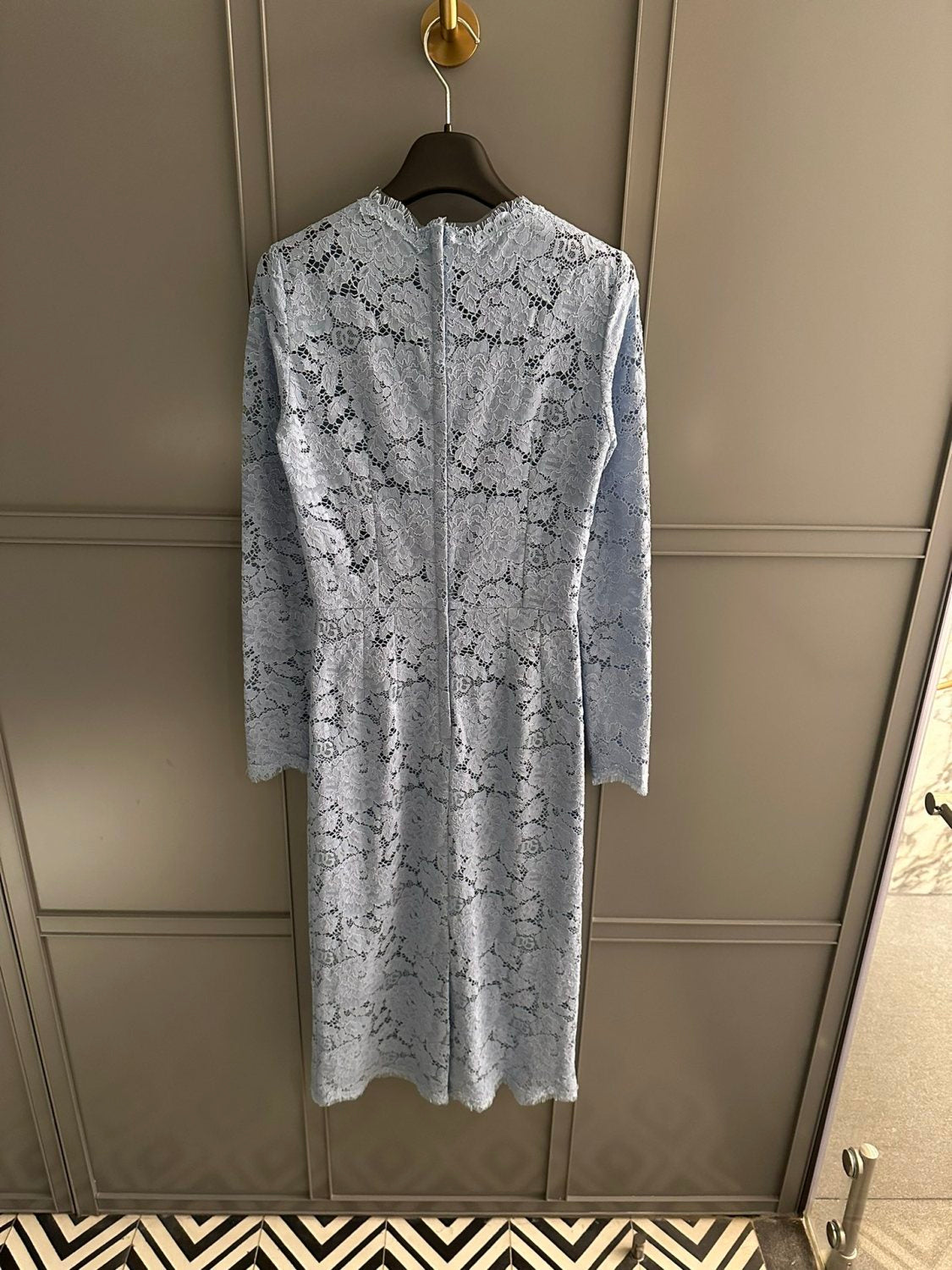 Women's Summer Blue Floral Lace Semi-sheer Round Neck Long Sleeve Dress Silk Camisole Lining #75161