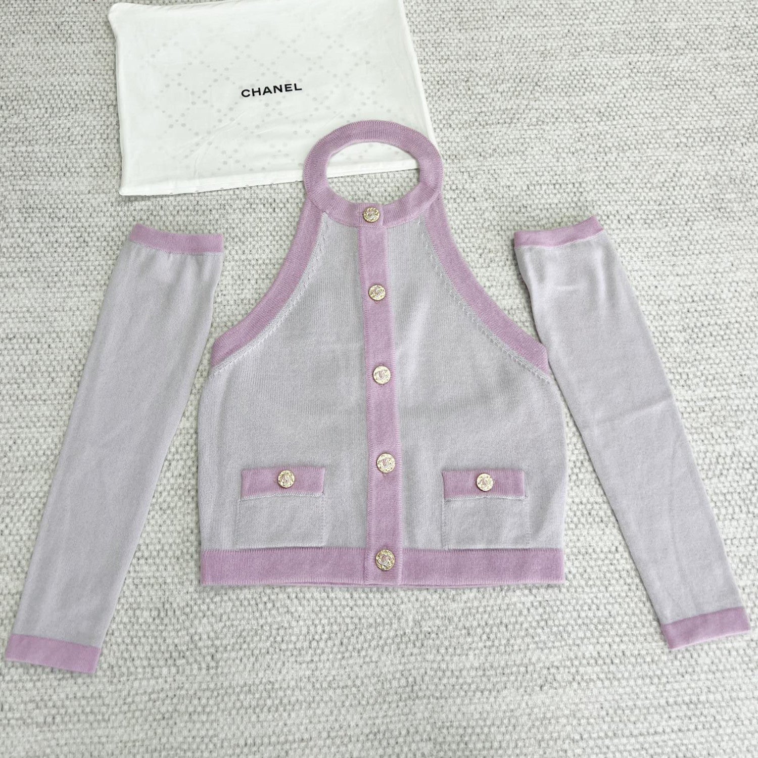 Women's Spring And Summer Color Blocking Neck Knit Single breasted Undershirt Knit Sweater Jacket Sleeve Set #73527