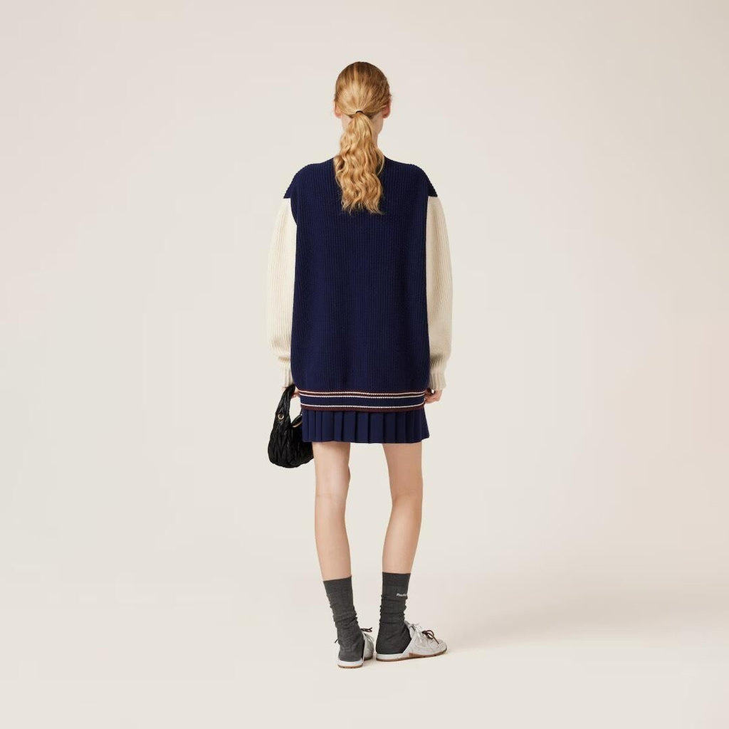 Women's Spring And Fall V-neck Blue And White Blended Knit Single Breasted Cashmere Sweater Jacket #74428