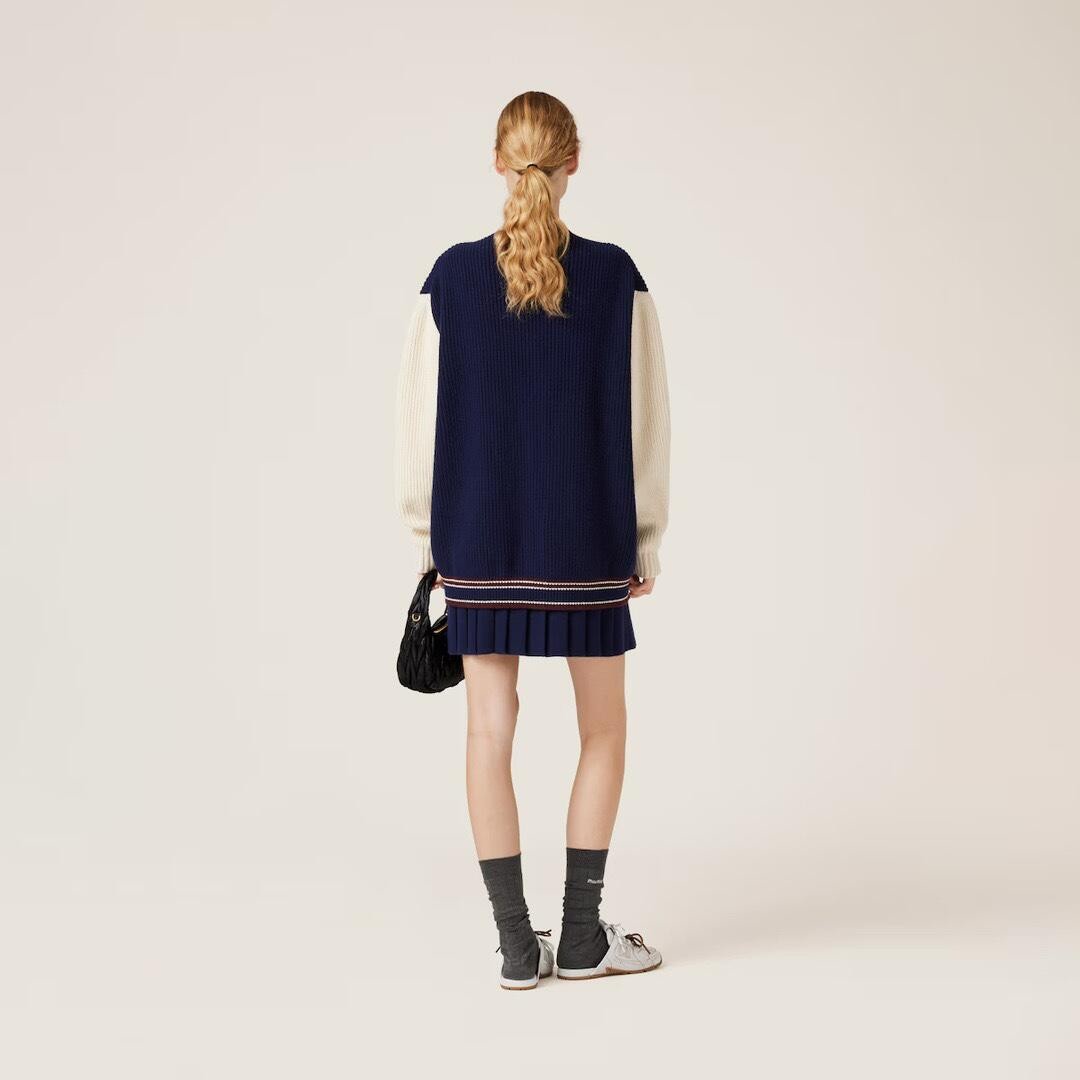 Women's Spring And Fall V-neck Blue And White Blended Knit Single Breasted Cashmere Sweater Jacket #74428