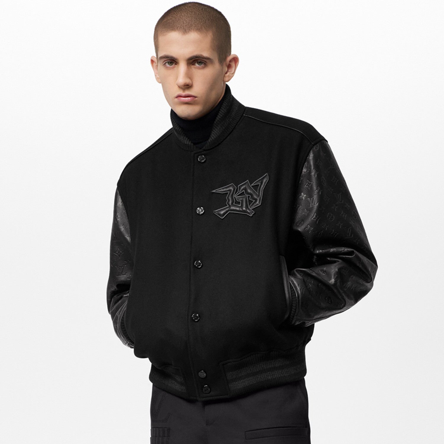 Men's Fall/winter Monogram Embossed Leather Drawstring Jacket Black Abstract Graffiti Logo Jacket Baseball Jersey  #71424