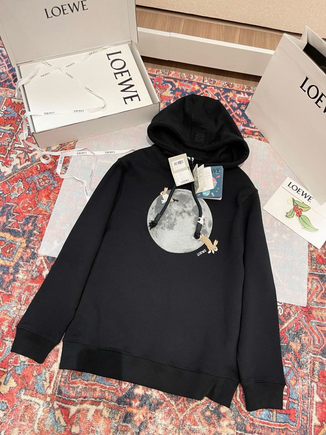 Women's Spring and Autumn Moon Print Black Hooded Drawstring Long Sleeve Sweatshirt #74569