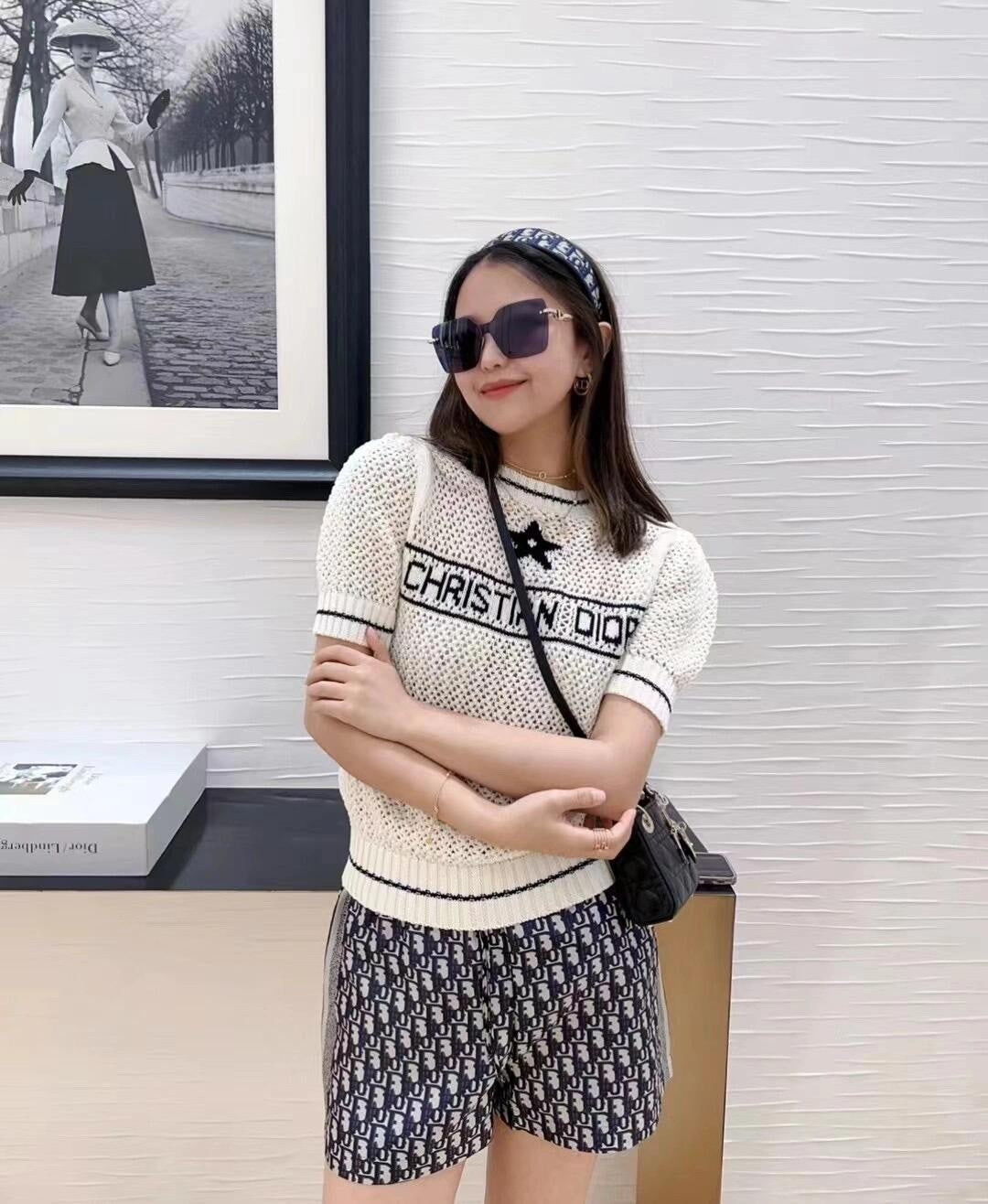 Women's Spring And Autumn Logo Embroidery Hollow Cotton Round Neck Knit Short Sleeve Sweater #71365