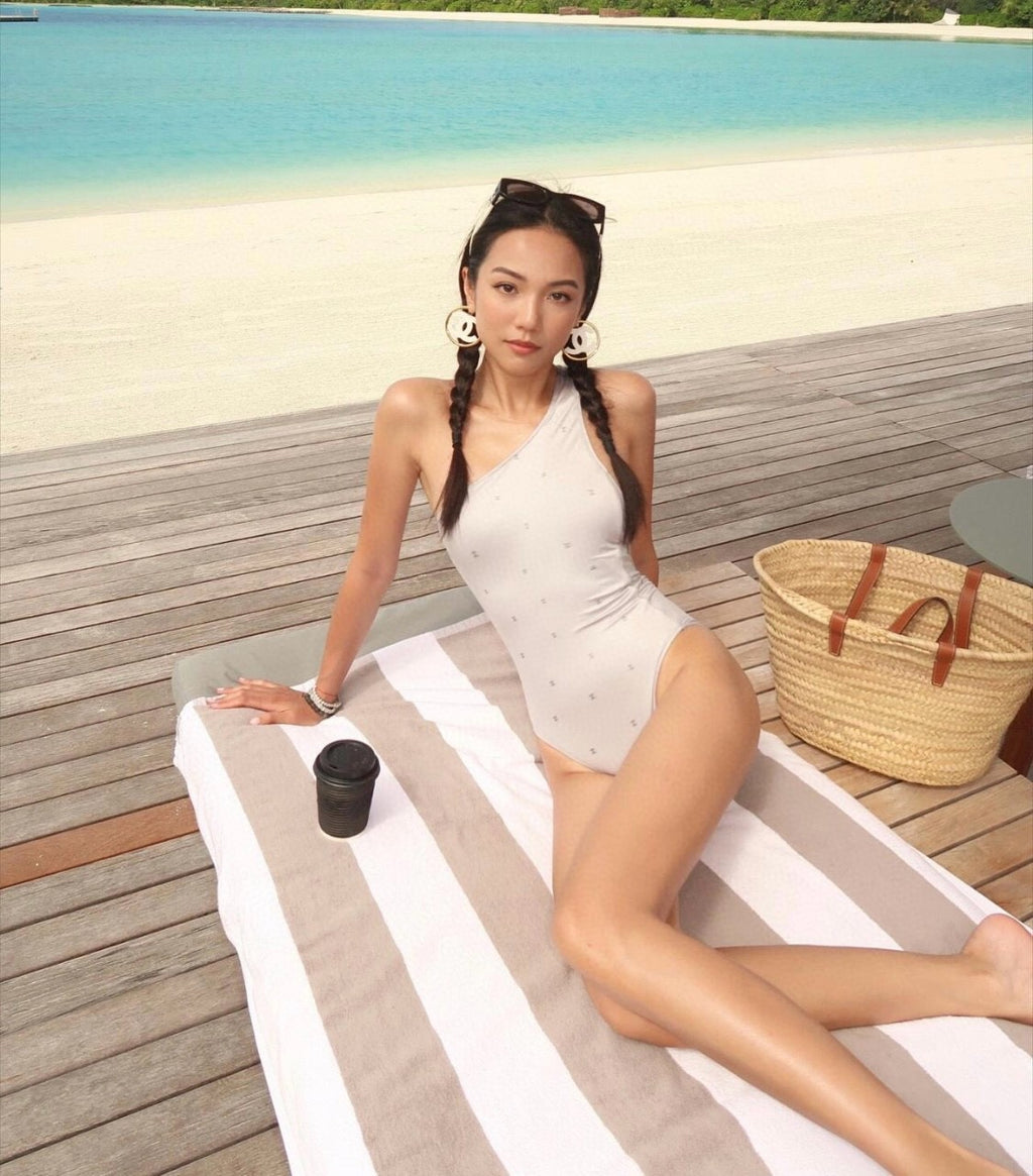 Women's Summer Solid Color Monogrammed One-piece Swimsuit #72535