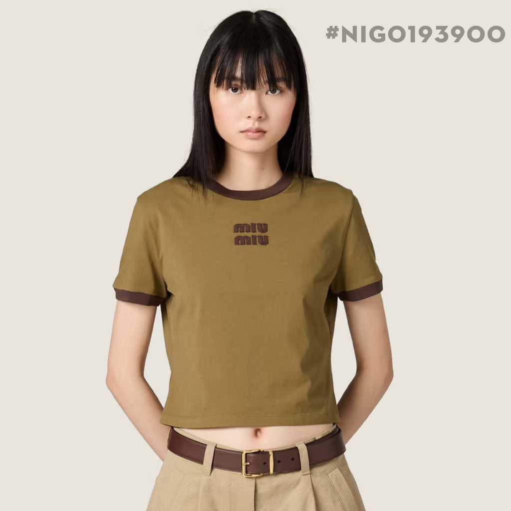 Women's Spring/Summer Olive green Dark brown Color blocking Embroidery Round neck short-sleeved T-shirt #193900