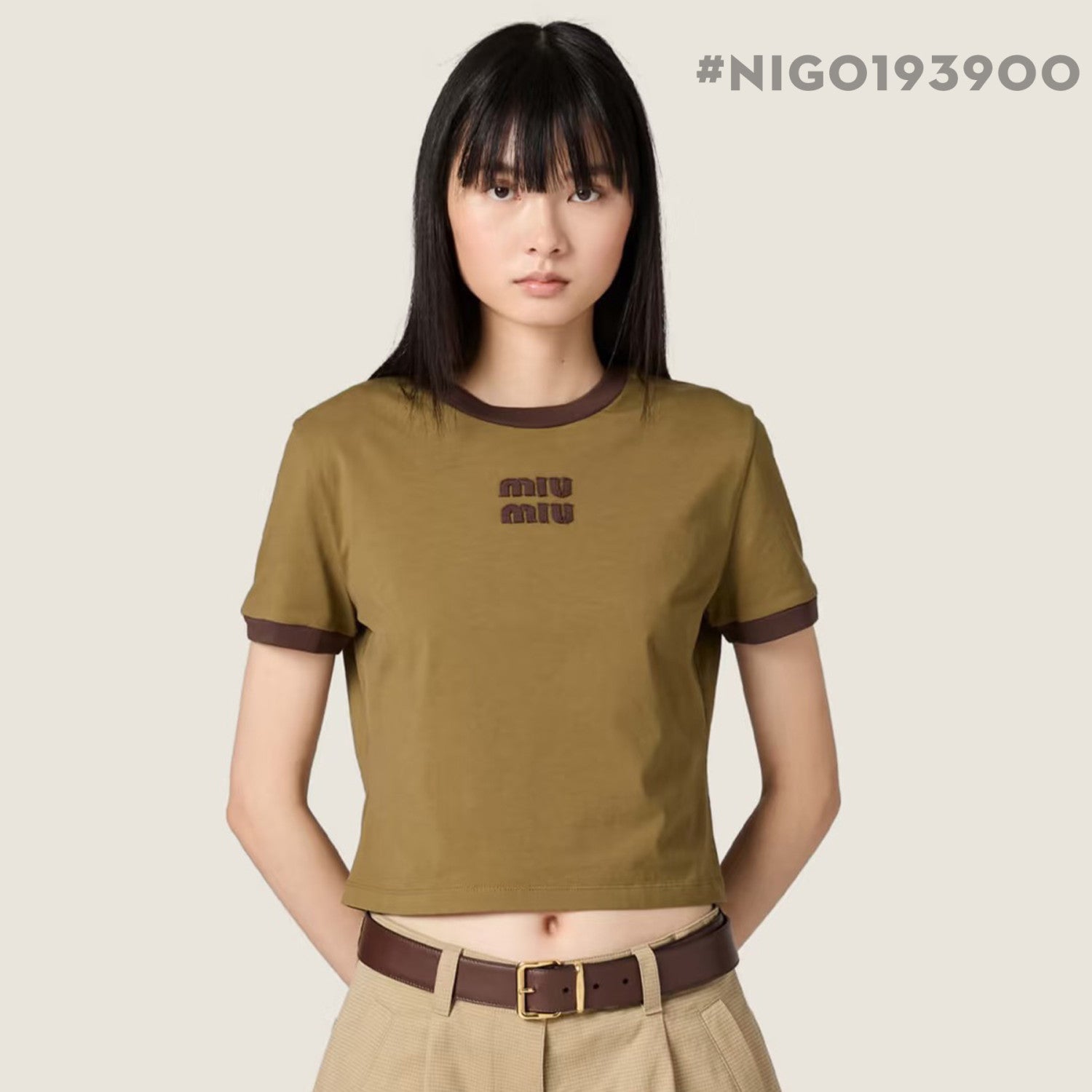 Women's Spring/Summer Olive green Dark brown Color blocking Embroidery Round neck short-sleeved T-shirt #193900