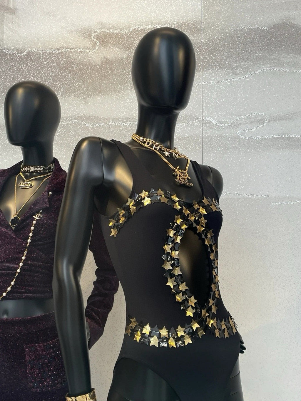 Women's Summer Gold Star Hollow Decoration Black One-piece Swimsuit #72391