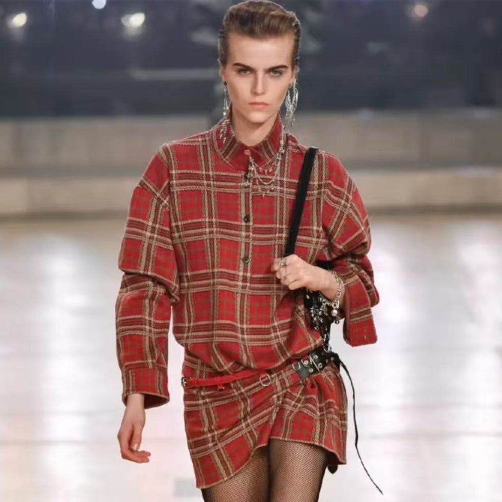 Male And Lady Runway Style Drop-shoulder Oversized Red Plaid Men's And Women's Outerwear Shirt Collar Plaid Long Sleeve Mini Dress  #194954