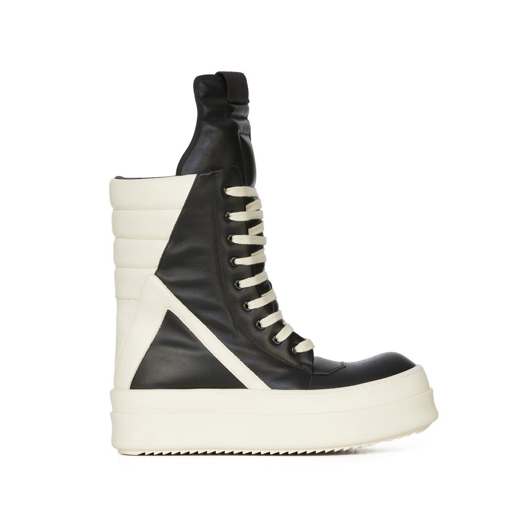 Men's And Women's Black And White Inverted Triangle High Top Lace Up Cowhide Shoes #77917